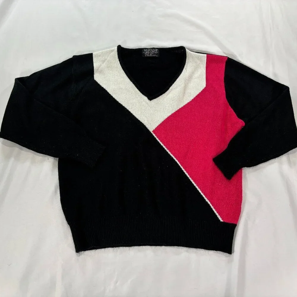 Vintage Pink Black Color Block Striped Sweater Top V-Neck Small/Medium  Lot J